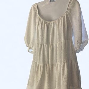 White mini babydoll dress with polka dots and tiered dress KLD M